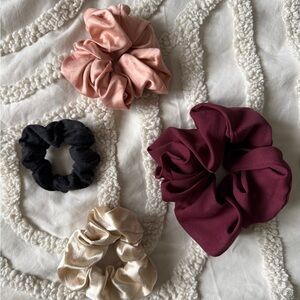 Set of 4 Satin & Fabric Scrunchies - Blush, Black, Champagne, Burgundy
